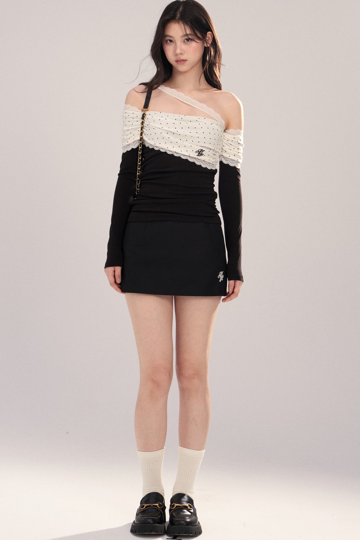 Polka Dot Spliced Lace Off-Shoulder T-Shirt