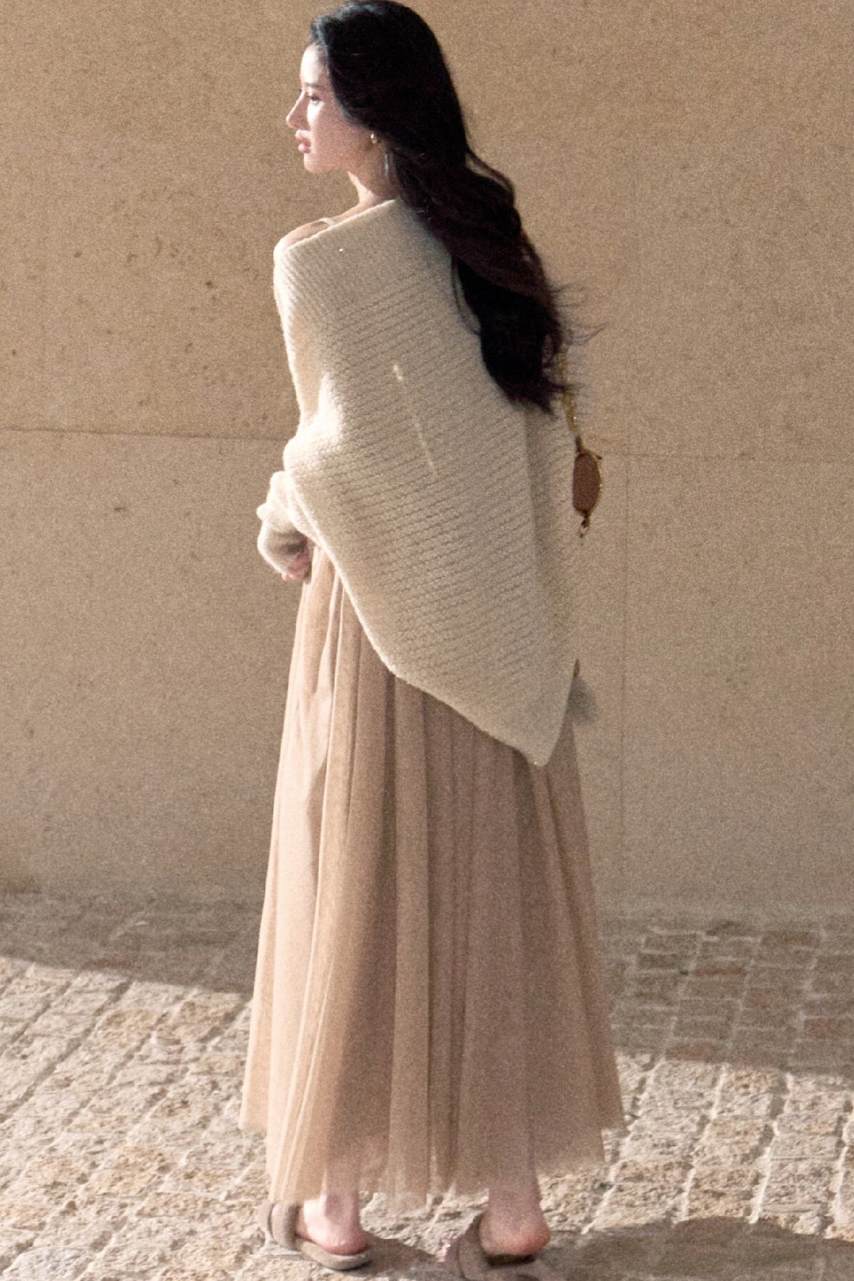 Gold Sequin Batwing Wool Blend Sweater Coat