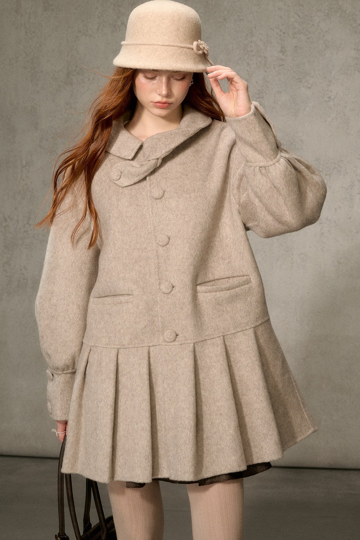 70% Wool Blend Double-Sided Pleated Coat