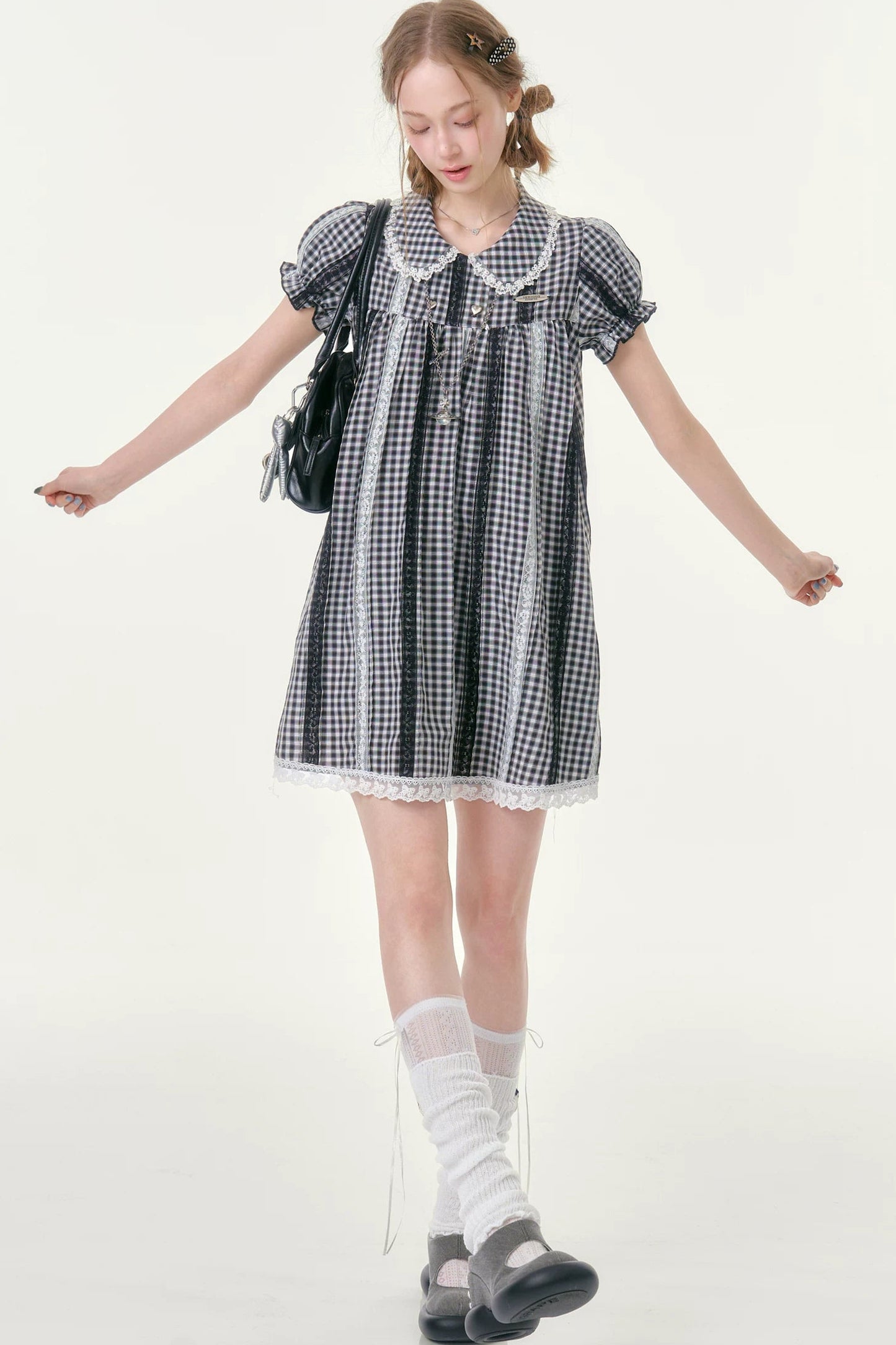 Retro Plaid Doll Collar Lace Dress