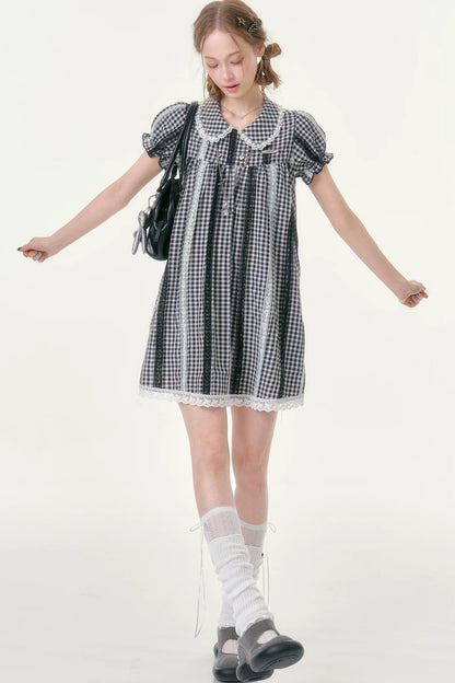 Retro Plaid Doll Collar Lace Dress