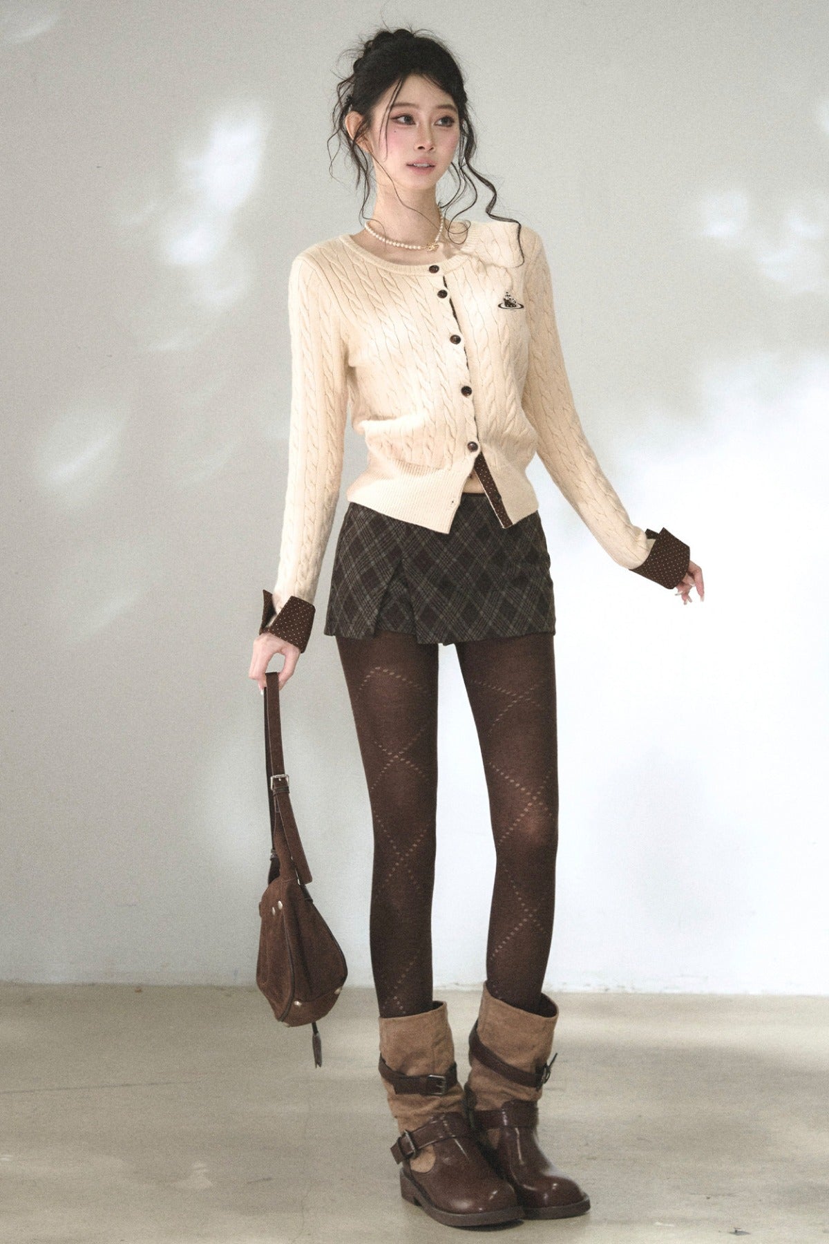 Color-Blocked Polka Dot Cable Knit Cardigan