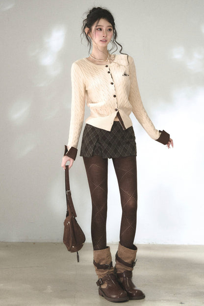 Color-Blocked Polka Dot Cable Knit Cardigan