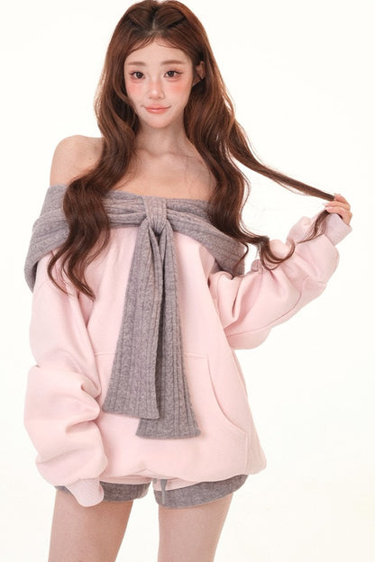 Loose Hooded Sweatshirt and Shorts Set-Up