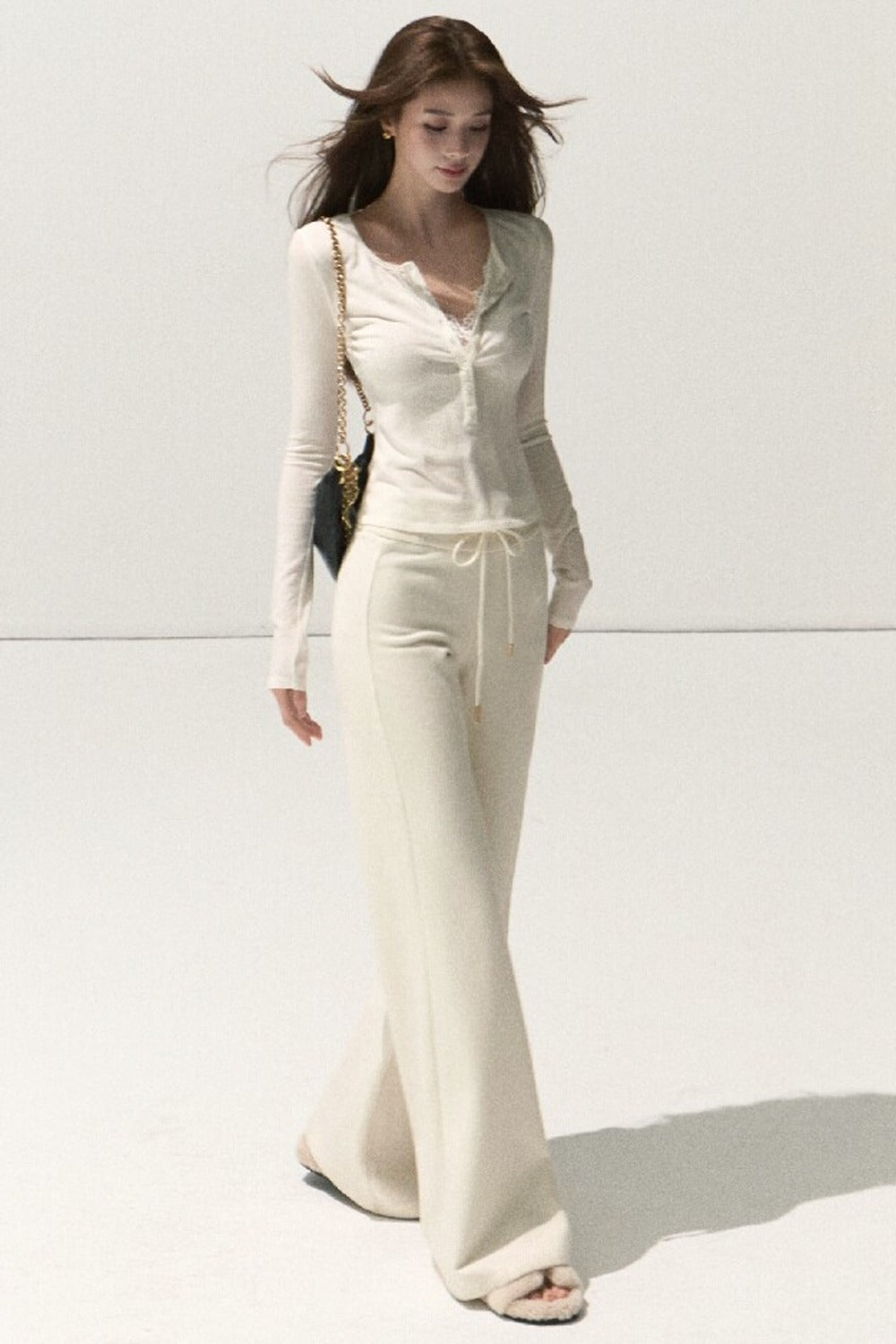 Silver-Embellished High-Waisted Wide-Leg Pants
