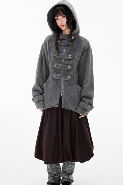 Woolen Hooded Irregular Hem Jacket
