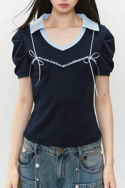 Color-Block Polo Bow Blouse