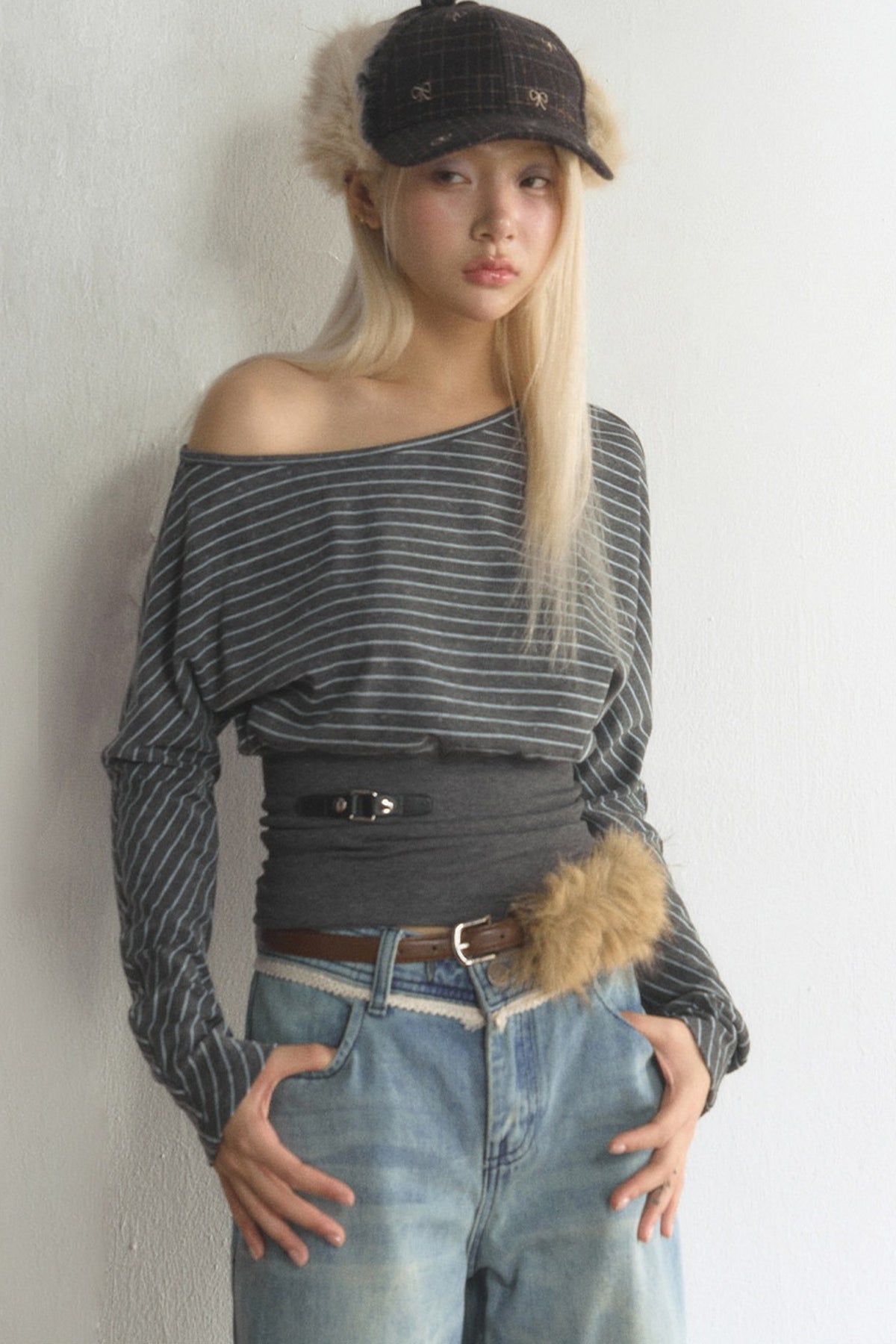 Striped Off-Shoulder Top and Jeans Set-Up