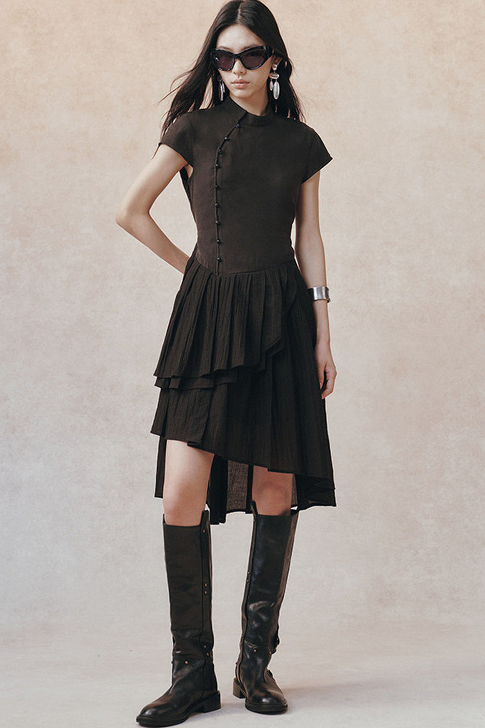 Diagonal Placket Pearl Button Irregular Hem Dress