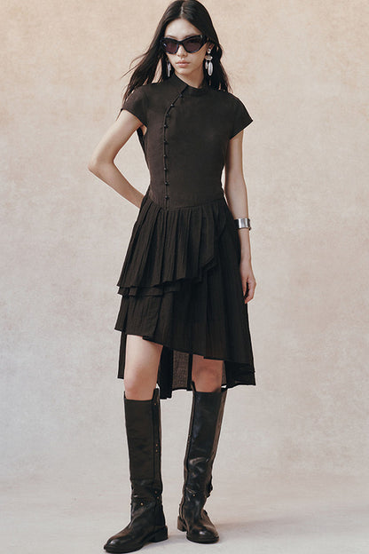 Diagonal Placket Pearl Button Irregular Hem Dress
