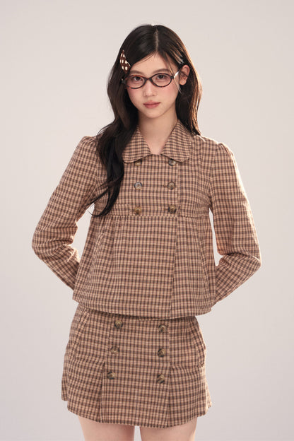 Long-Sleeved Plaid Shirt and Skirt Set-Up