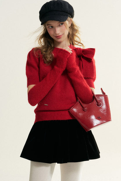 Bowknot Puff Sleeve Knitted Sweater
