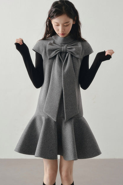 Woolen Bow Flutter Sleeve Dress