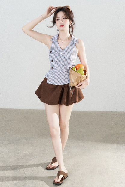 Blue Plaid Sleeveless Halter Shirt and Irregular Hem Skirt Set-Up