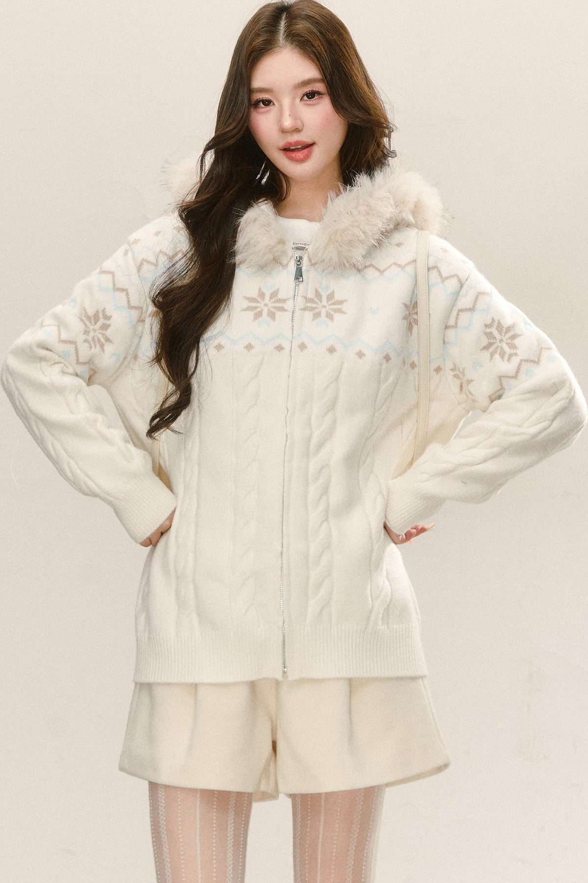 Fair Isle Hooded Knit Cardigan and Woolen Shorts Set-Up
