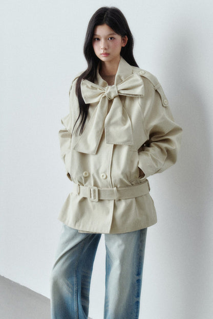 Bow Tie Low-Waist Cotton Trench Coat
