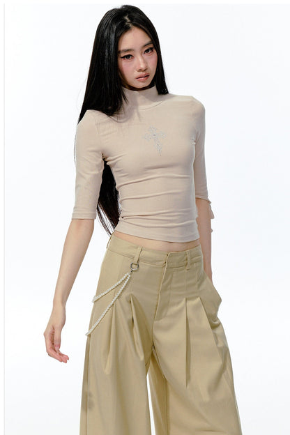 High-Neck Tie-Up Mid-Sleeve Slim-Fit Top