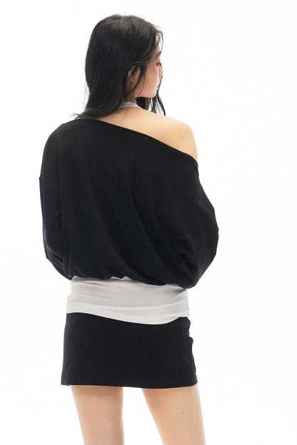 Black Asymmetrical Shoulder Long-Sleeve Top and Skirt Set-Up