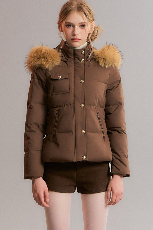 Detachable Fur Collar White Duck Down Hooded Jacket