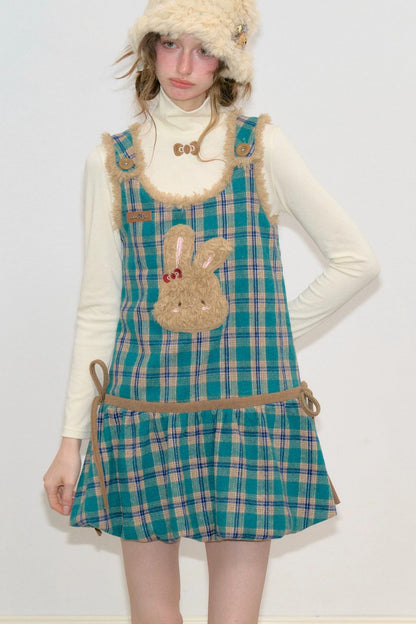 Plaid Bunny Pocket Vest Dress