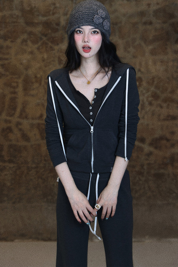 Slim Fit Drawstring Hooded Zipper Sweatshirt