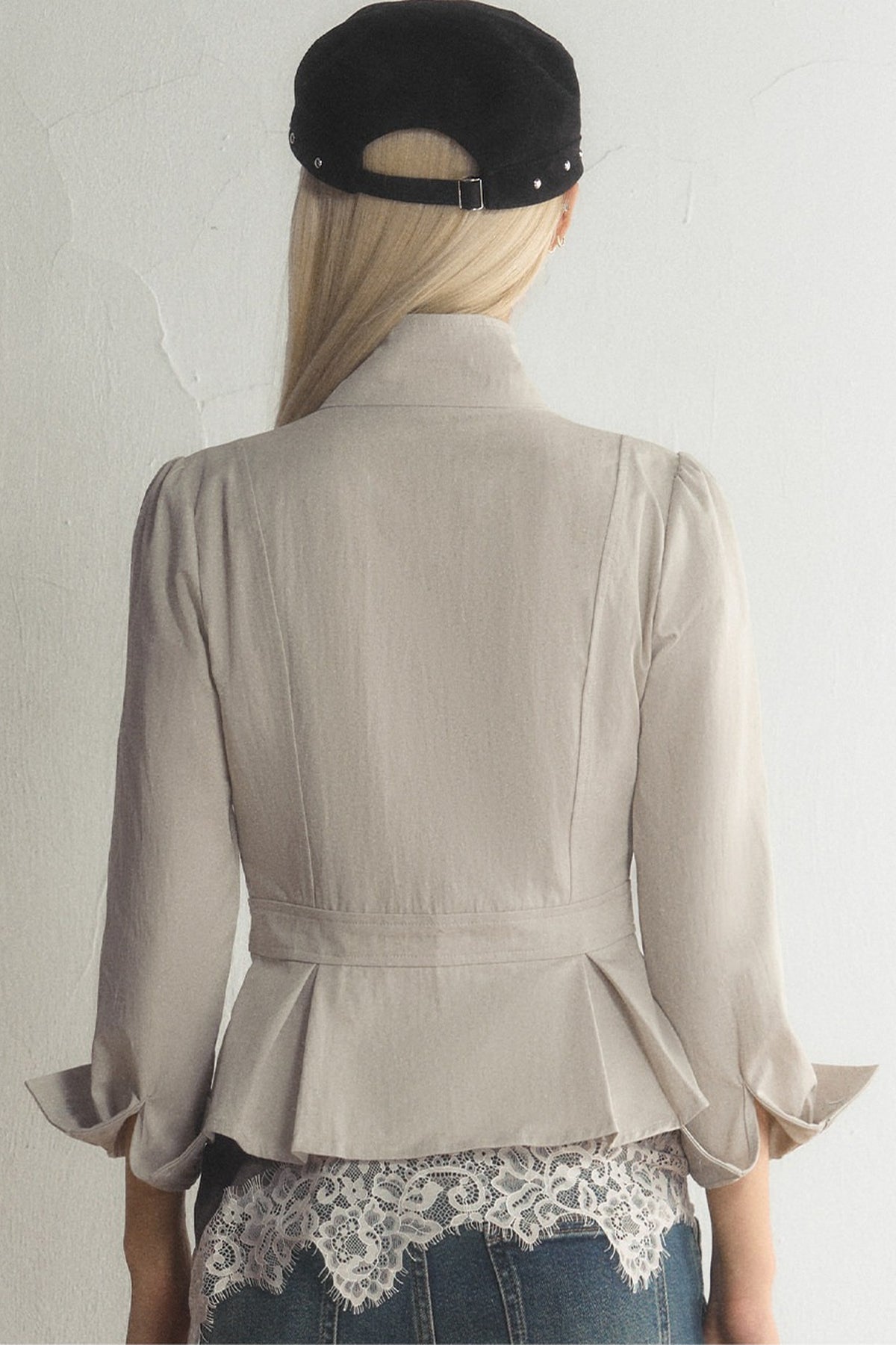 Stand Collar Double-Breasted Ruffled Hem Jacket