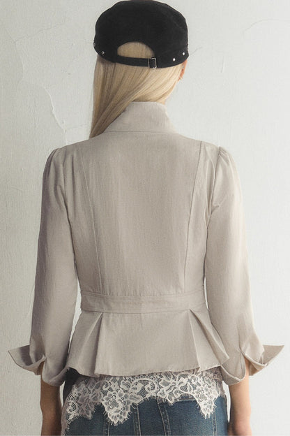 Stand Collar Double-Breasted Ruffled Hem Jacket