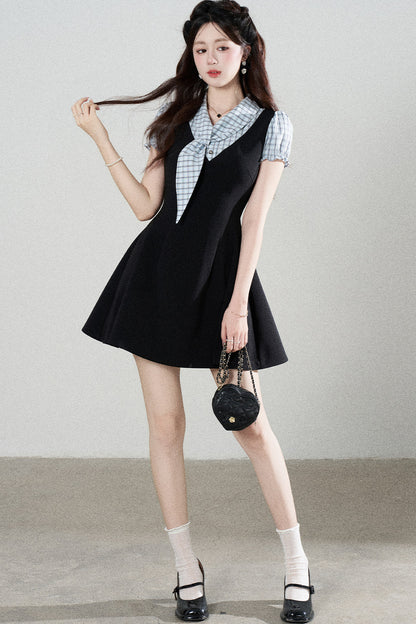 Black Short-Sleeved Patchwork Plaid A-Line Dress