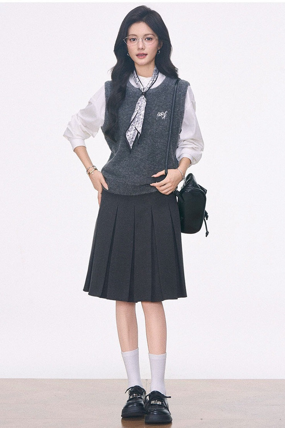 Knitted Vest Shirt and Skirt 3-Piece Set-Up