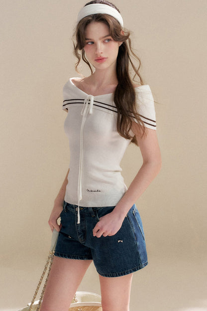 Navy Lyocell Off-Shoulder Knit Top
