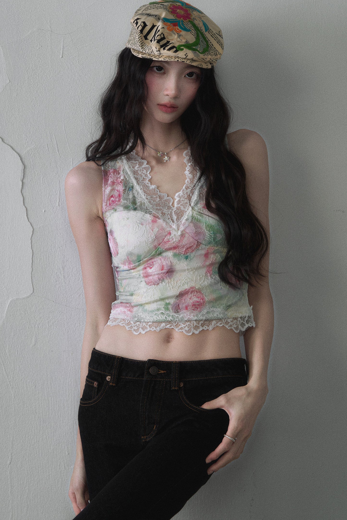 Rose Oil Painting Lace Vest