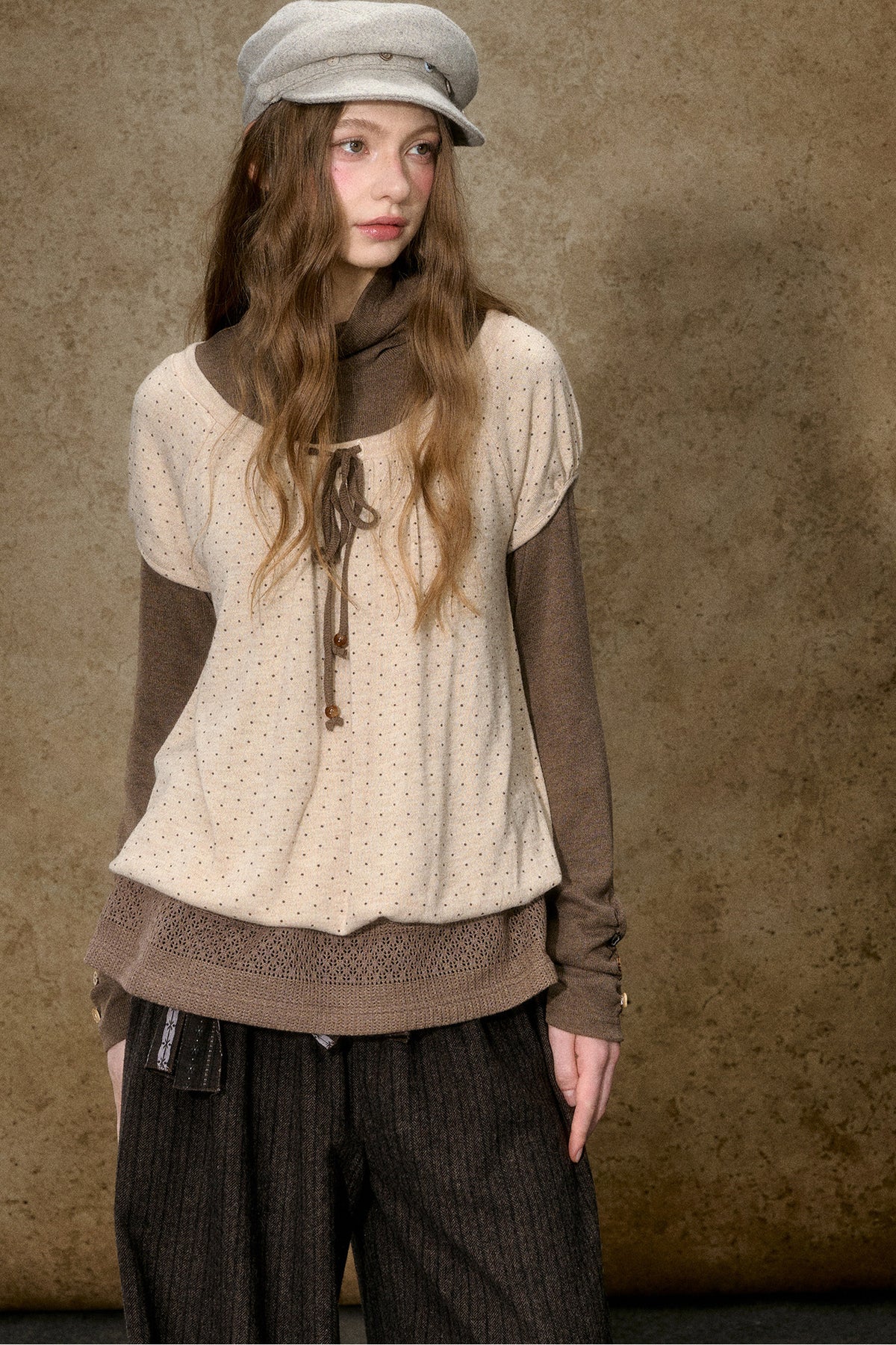 Layered-Look Polka Dot Knit Top