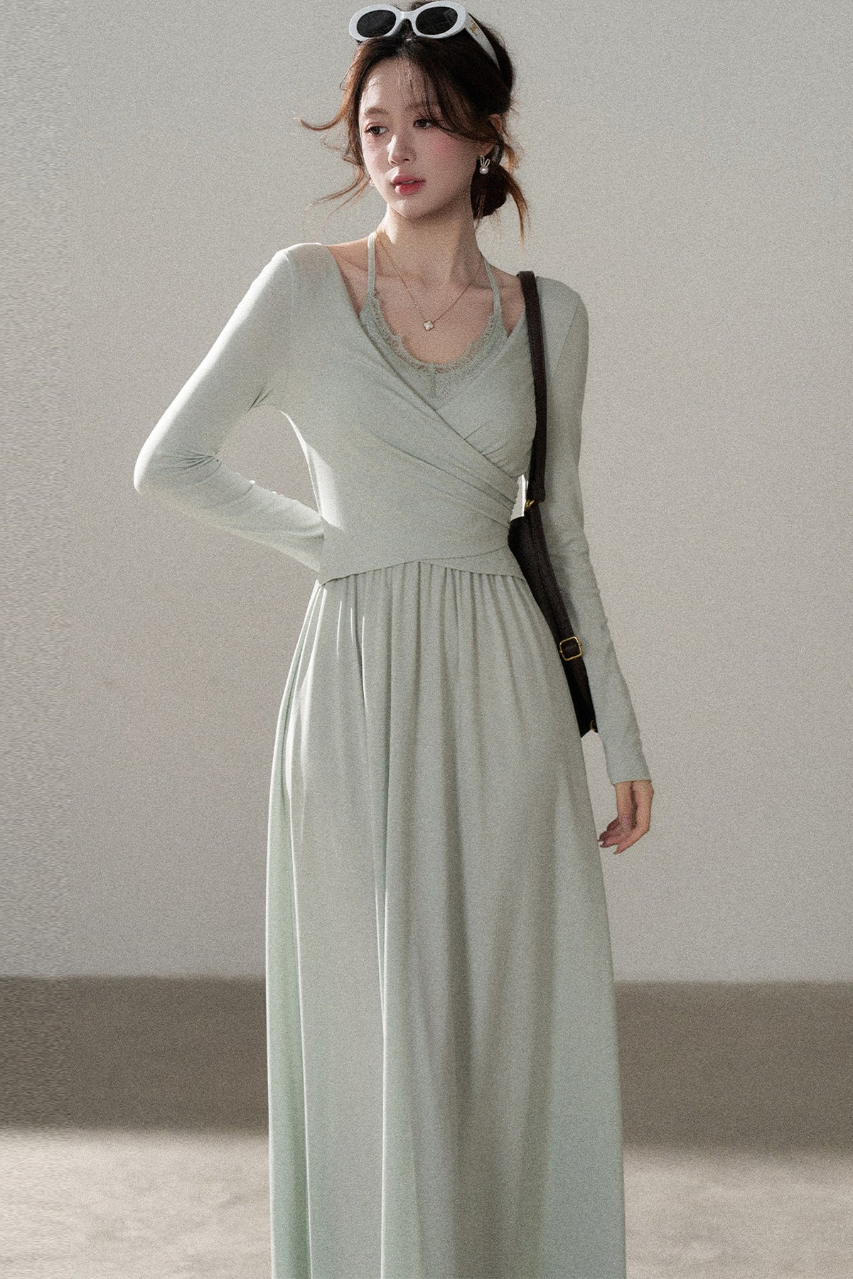 Long Sleeve V-Neck Lace Knit Dress