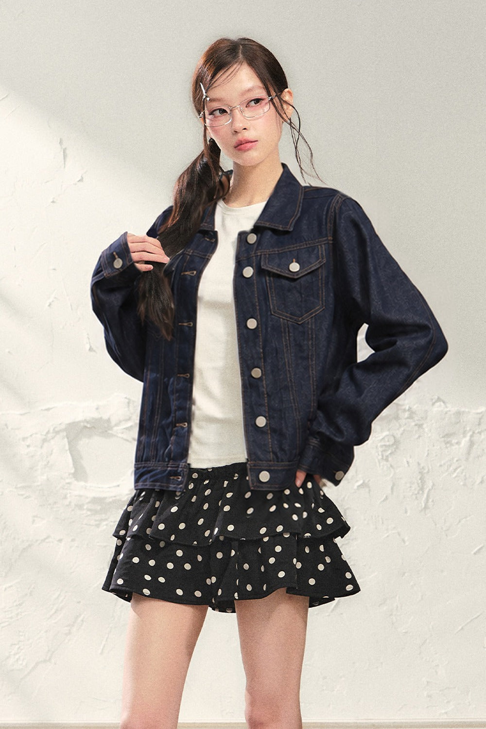 White Denim Jacket and Black Polka Skirt Set-Up