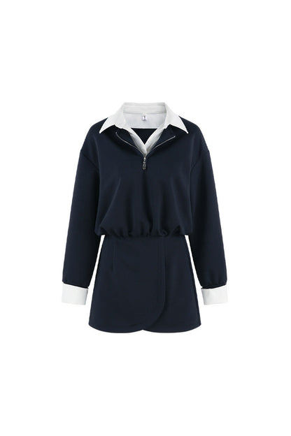 Layered-Look Polo Collar Sweatshirt Dress