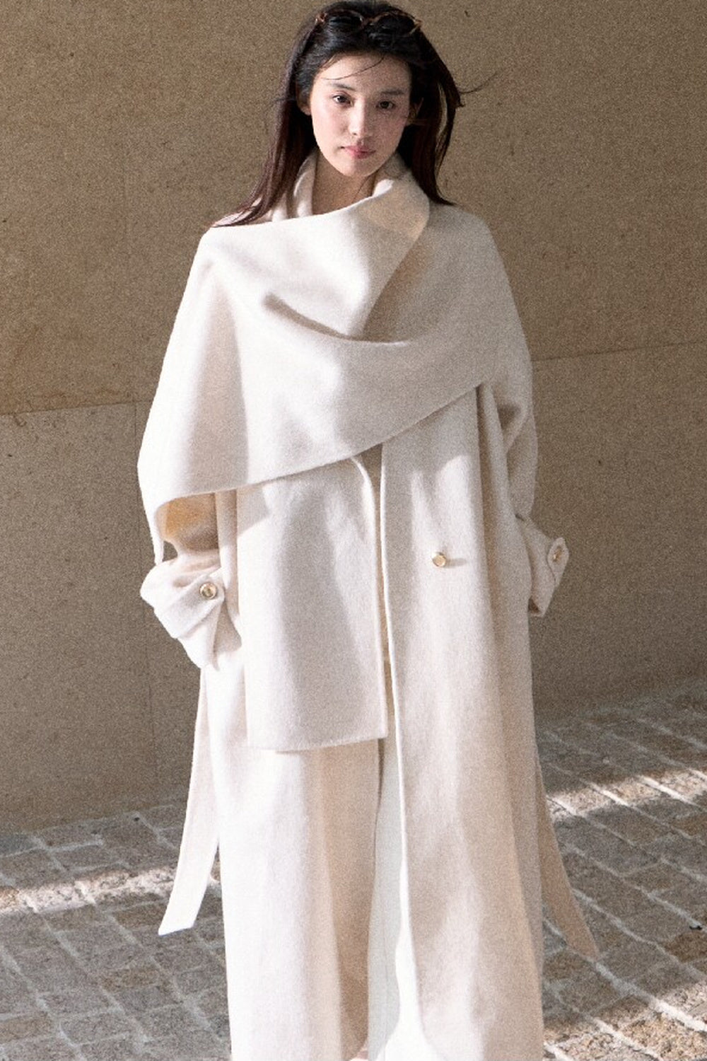 Double-Sided Wool Scarf Collar Coat