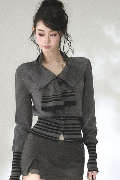 Bow Tie Striped Knit Cardigan