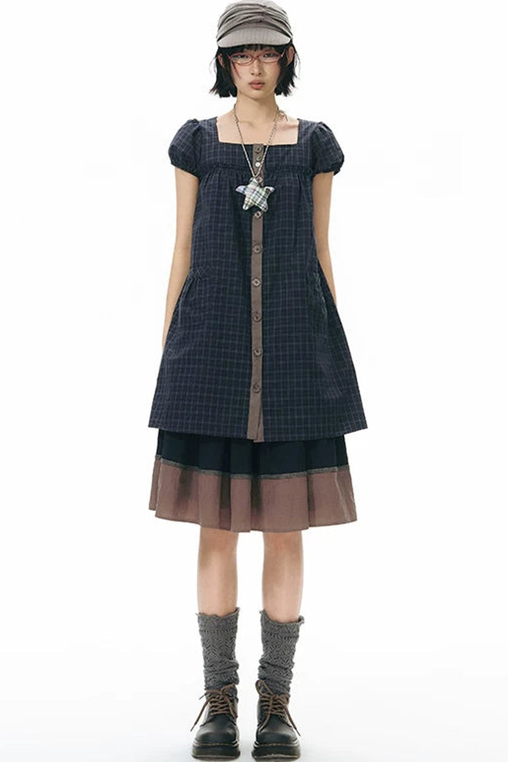 Plaid Puff Sleeve Babydoll Dress