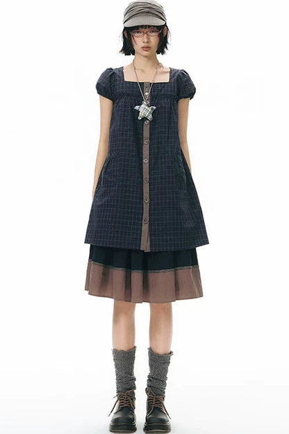 Plaid Puff Sleeve Babydoll Dress