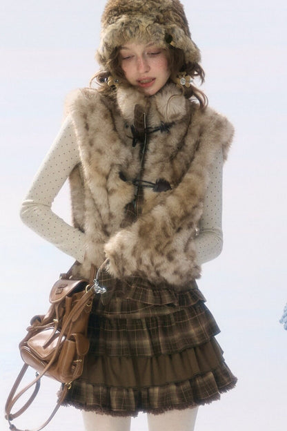 Plaid Leopard Horn Button Vest