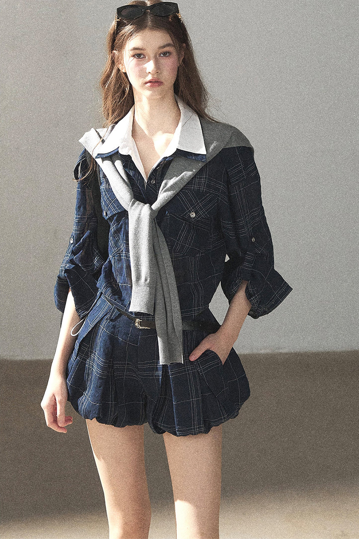 Plaid Layered-Look Shirt And Shorts Set-Up