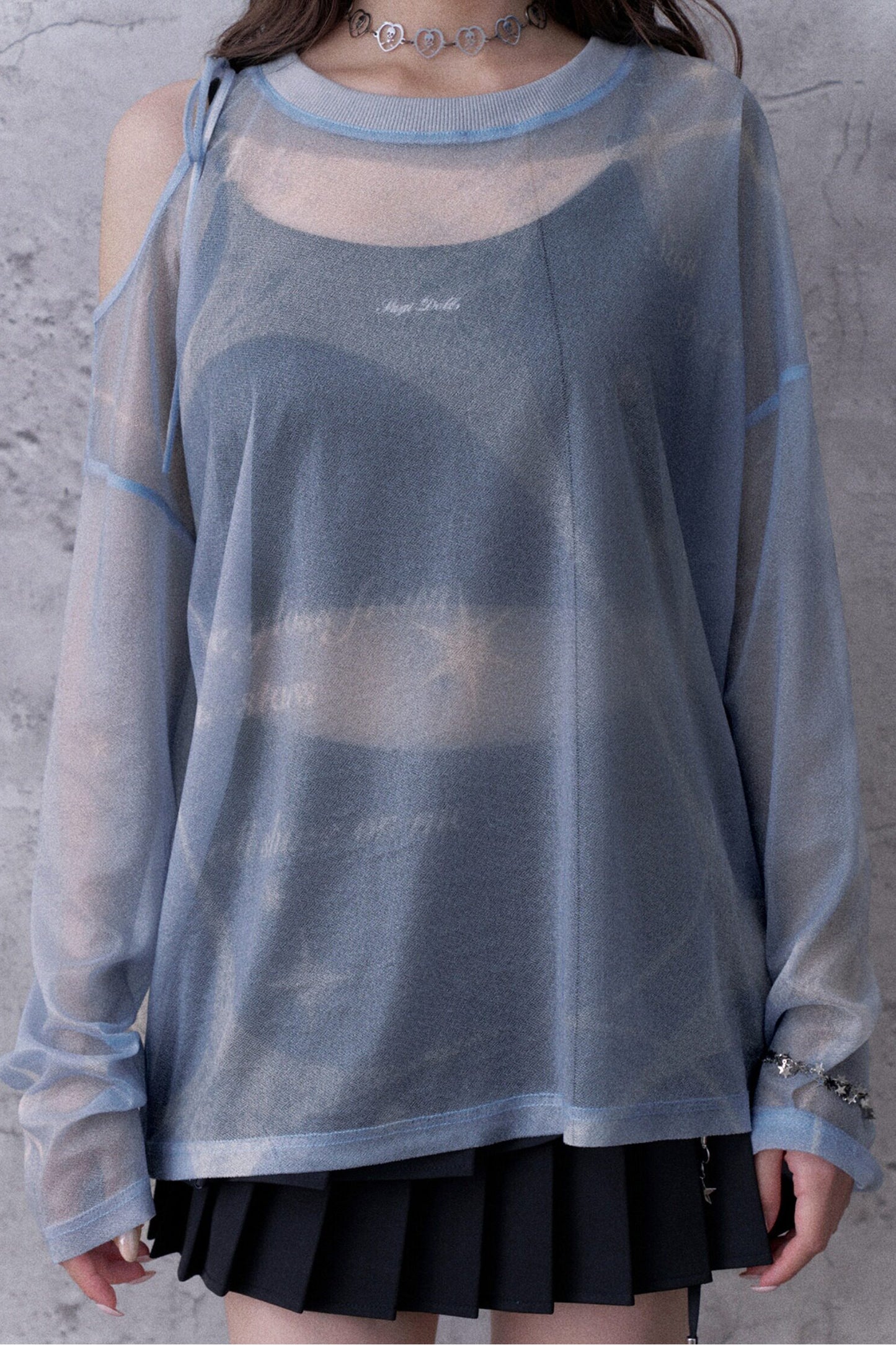 Blue Sparkling Mesh Sweatshirt Style Top