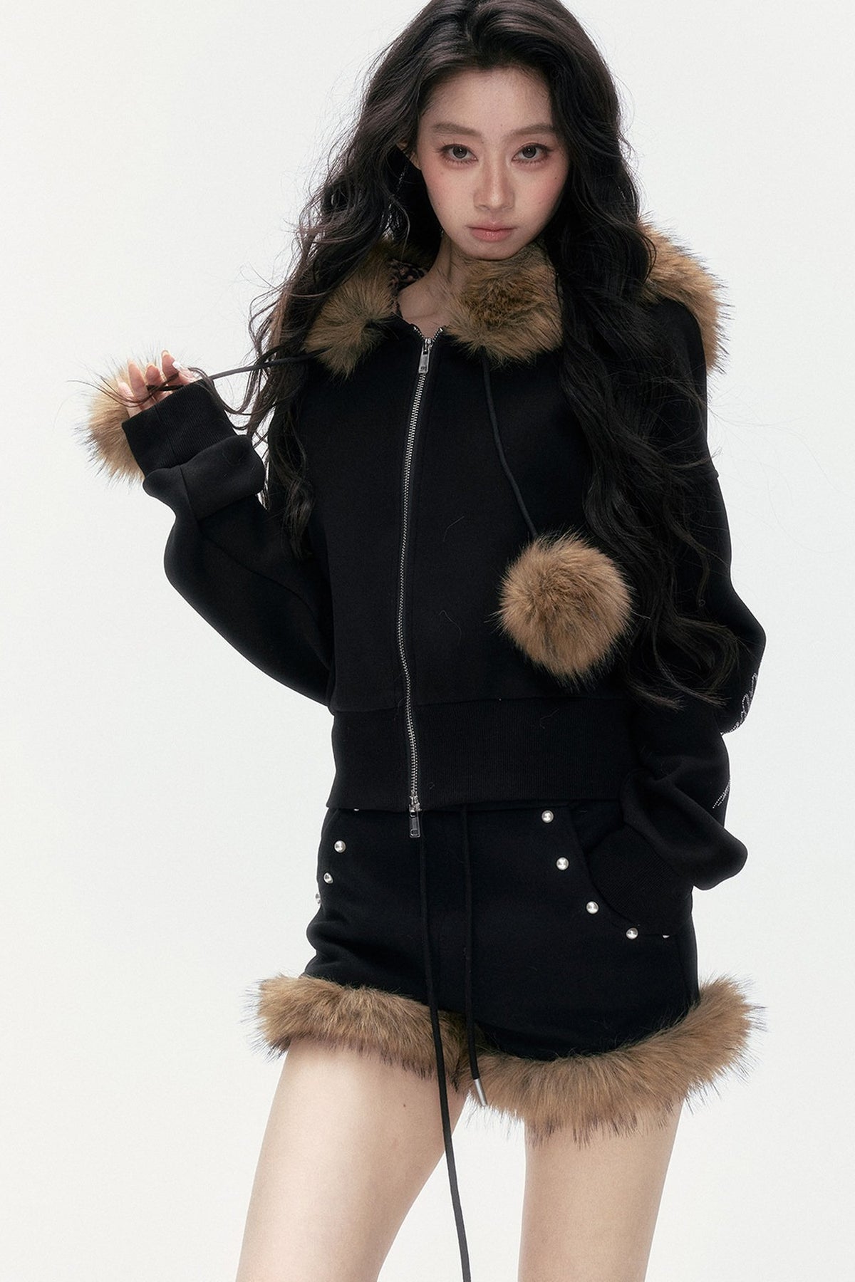 Studded Embroidered Detachable Fur Collar Sweatshirt And Shorts Set-Up