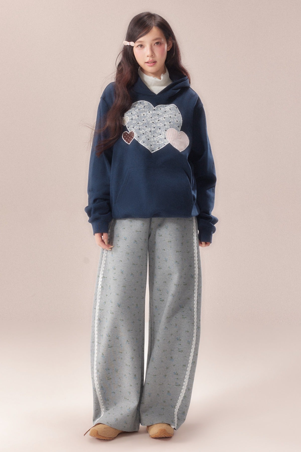 Heart Patchwork Embroidered Hooded Sweatshirt