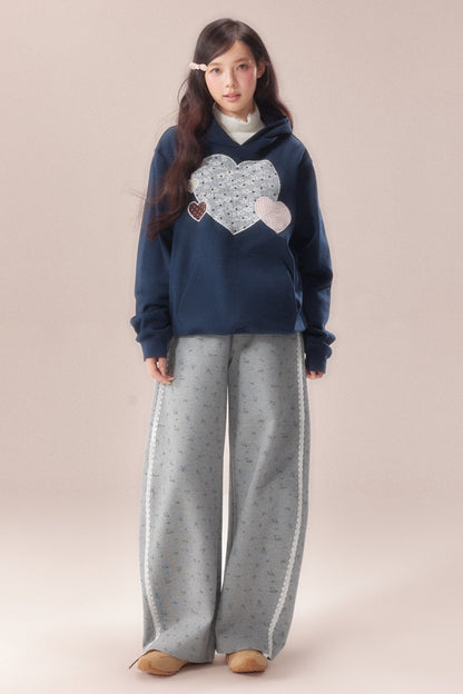 Heart Patchwork Embroidered Hooded Sweatshirt