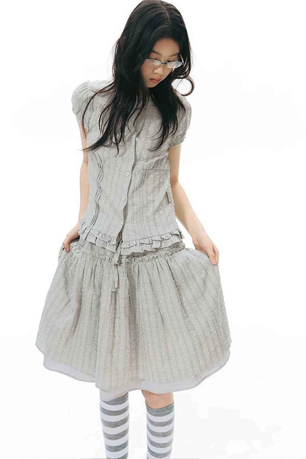 Ruffle Drawstring Blouse & Skirt Set-Up