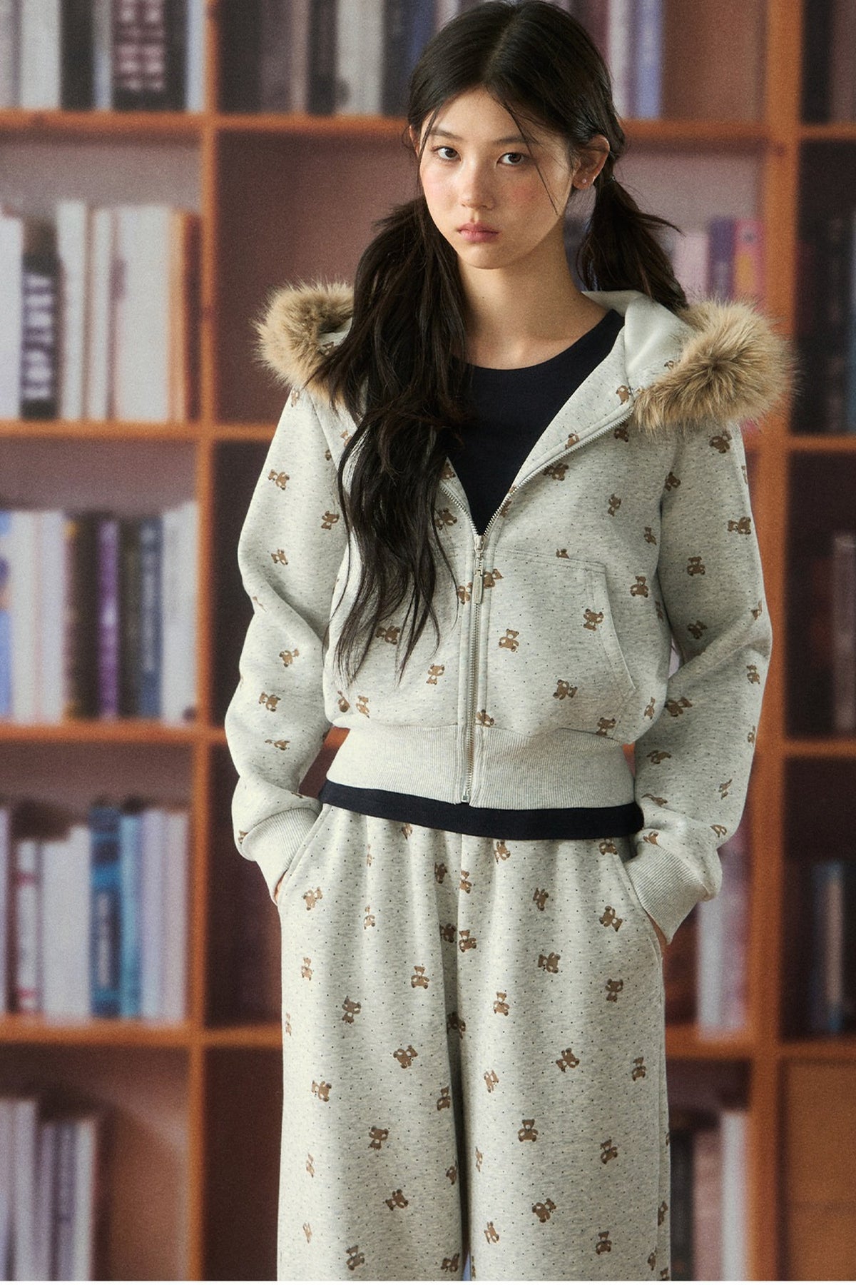 Bear Print Hooded Top and Pants Set-Up