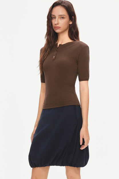 Padded Shoulder Henley Knit Top