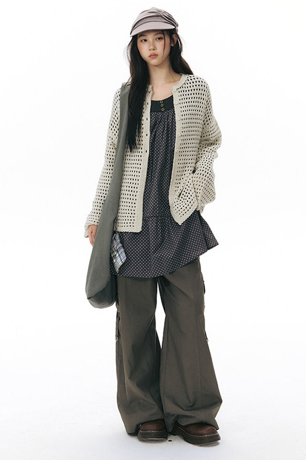 Solid Color Hollow Knit Cardigan