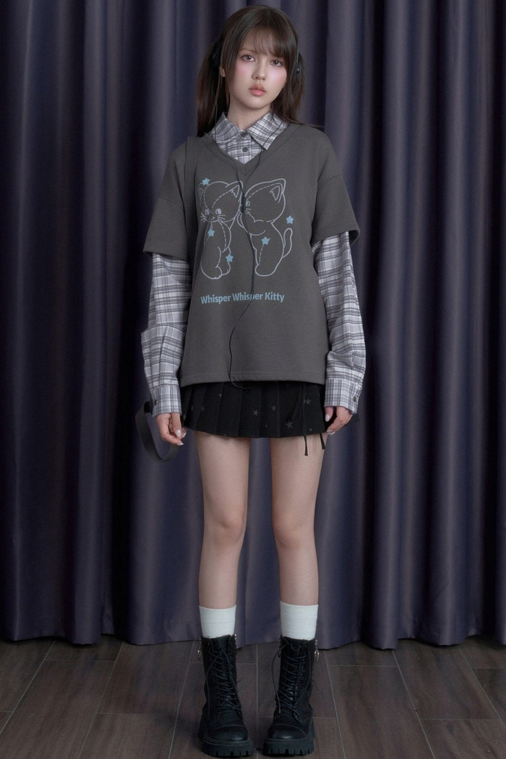 Sweatshirt im Lagenlook mit Katze und Karomuster